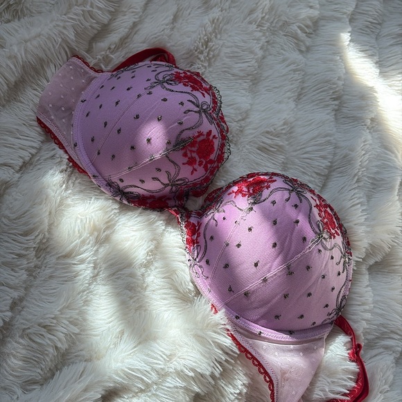 Victoria’s Secret 34D Push Up Bra Pink Red Floral Embroidered Lace Sexy Lingerie - Picture 6 of 8